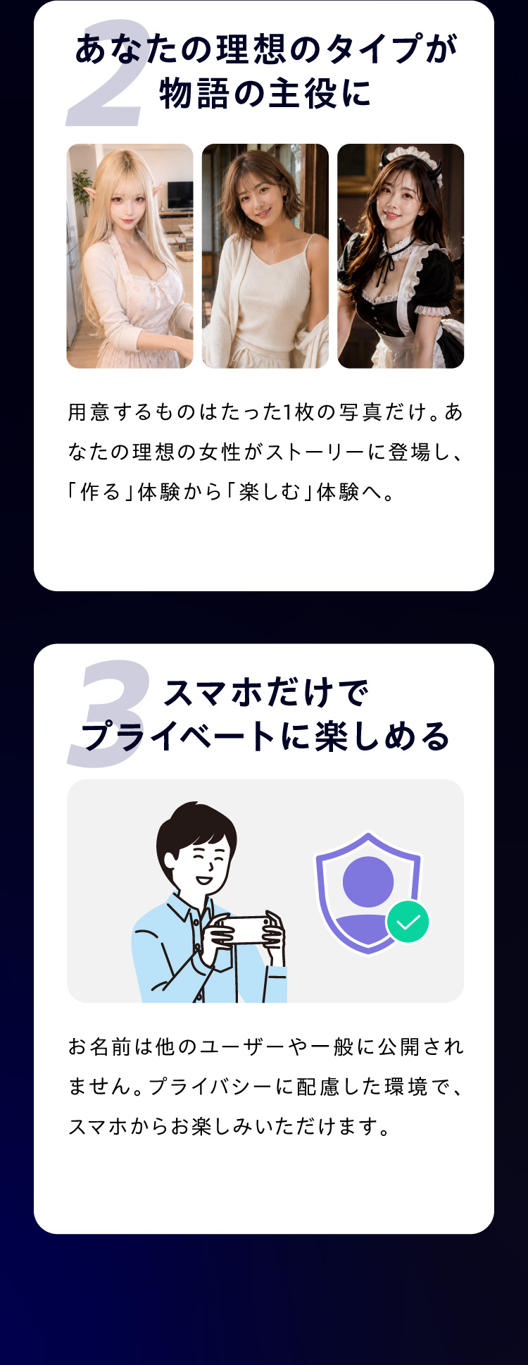 その2、あなたの理想のタイプが物語の主役に。その3、スマホだけでプライベートに楽しめる