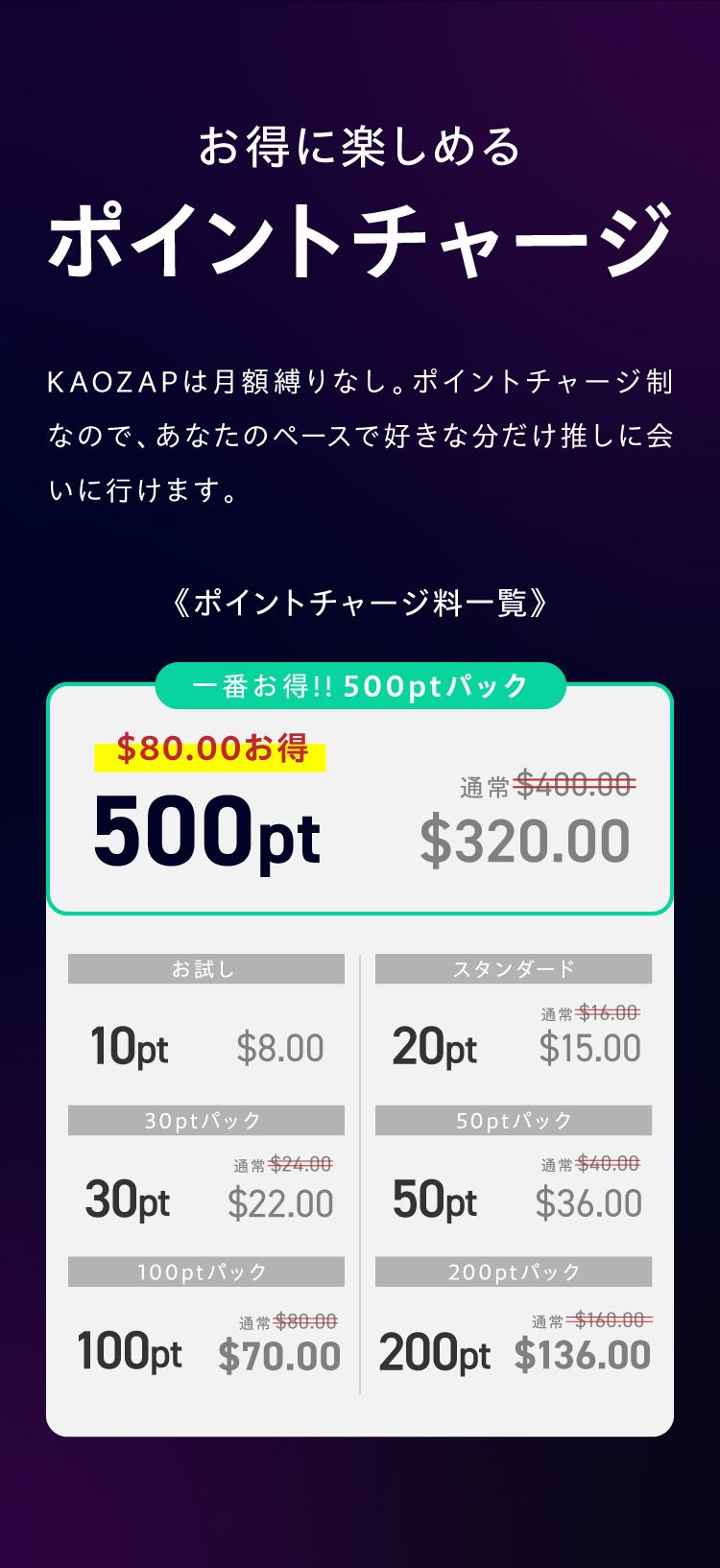 お得に楽しめるポイントチャージ。ポイントチャージ料一覧